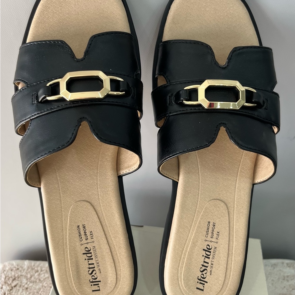 Life Stride Black‎ Sandals with Gold Accent